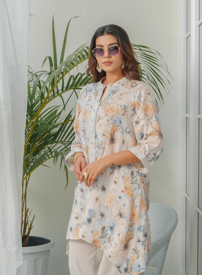 دي دبليو طقم منسق من تونيك وبنطال بياقة ماندارين وطبعة أزهار للنساء - Image 4